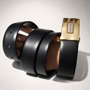 John Henry Gold Tone Buckle Solid Black Leather Dress Belt Men's Size 43” Italy